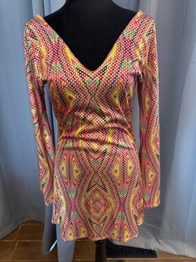 Frederick's of Hollywood Multicolor Geometric Long-Sleeve Mini Dress.